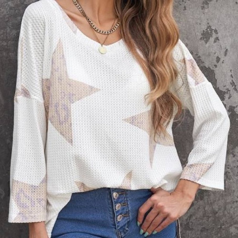 Waffle Knit Three-Quarter Sleeve Top - Size XL